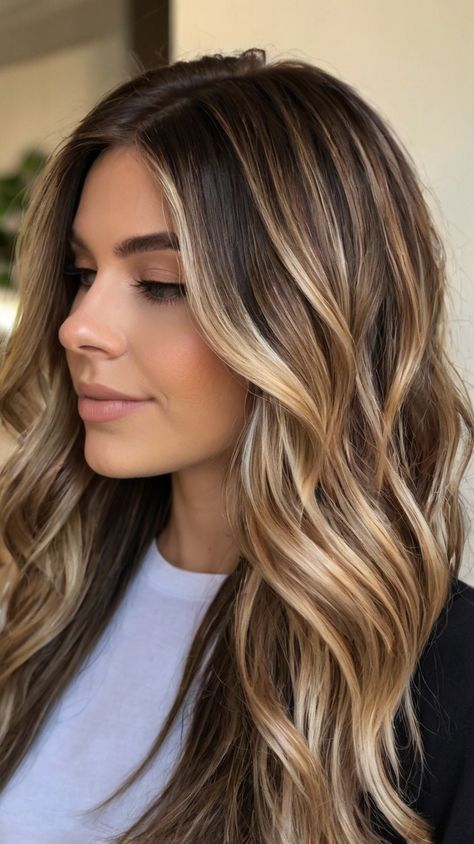 Dark Brown Hair with Blonde Ideas From Dark Hair To Light Hair, From Dark Brown To Blonde Hair, Brown Hair Highlights Blonde, Dark Brown Hair Balayage Blonde, Medium Brown Hair Color Ideas, Long Dark Hair With Highlights, Mid Brown Hair, Going Darker From Blonde, Winter Brown Hair Color