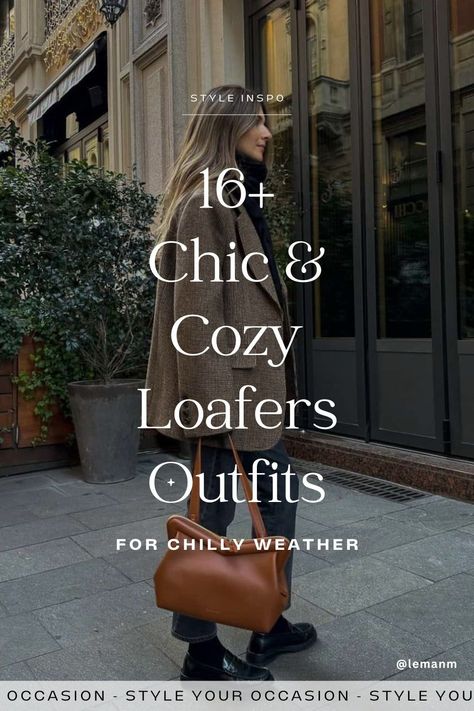 Wondering how to style loafers for fall and winter? Get inspired with this list of simple, chic, and classy loafer outfit ideas for women! From loafer outfits with socks to jeans, everyday looks, or classy styles, we have the best fall and winter outfits for chunky, platform, black, and penny loafers. Pewter Loafers Outfit, Loafer Heels Outfit Classy, How To Wear Mules In Winter, Camel Loafers Outfit Women, Brown Penny Loafers Outfit Women, Styling Black Loafers, Loafer Winter Outfit, Outfits For Chilly Weather, Outfits For Chilly Days