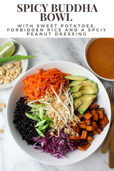 This healthy buddha bowl is a super easy recipe to make! It is spicy and made with sweet potatoes, forbidden rice, and a spicy peanut dressing. This is a vegetarian buddha bowl, and perfect for clean eating! Forbidden Rice Recipes, Vegetarian Buddha Bowl, Spicy Peanut Dressing, Healthy Buddha Bowl, Rice Dressing, Forbidden Rice, Bowl Meals, Peanut Dressing, Buddha Bowls