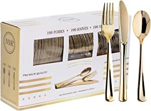 N9R 300PCS Silverware Gold Plastic Cutlery Set Disposable Flatware Dinnerware -100 Gold Forks, 100 Gold Spoons, 100 Gold Knives for Party, Birthday, Wedding Gold Utensils Black Plastic Plates, Gold Utensils, Gold Plastic Silverware, Gold Fork, Gold Plastic Plates, Gold Silverware, Plastic Champagne Flutes, Disposable Cutlery, Plastic Wine Glasses