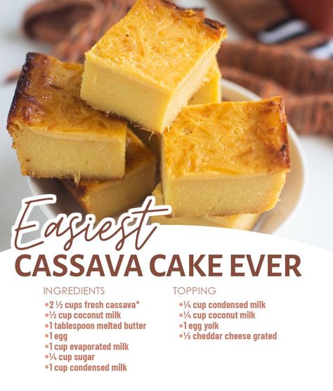 This Cassava Cake is a favorite Filipino dessert recipe that is so rich, creamy, custard-like, and coconutty with a little texture from the grated cassava. It's a sweet and delicious treat during parties or any occasion. Check this out! Cassava Flan Recipe, Casava Cake Recipe Filipino Food, Cassava Cake Recipe Filipino, Casava Cake Recipe, Cassava Cake Recipe, Guyana Recipes, Filipino Cake, Cassava Recipes, Vanilla Custard Sauce