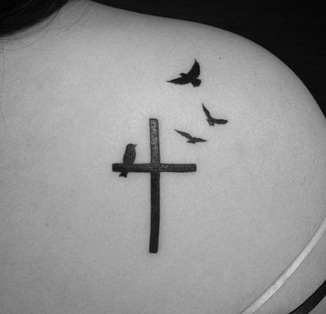 Cross With Birds Tattoos For Women, Cross Bird Tattoo, Cross And Birds Tattoo Ideas, Cross And Bird Tattoo, Cross With Birds Tattoo, Little Cross Tattoos, Moutain Tattoos, Bird Tattoos For Women, Simple Tattoos For Guys