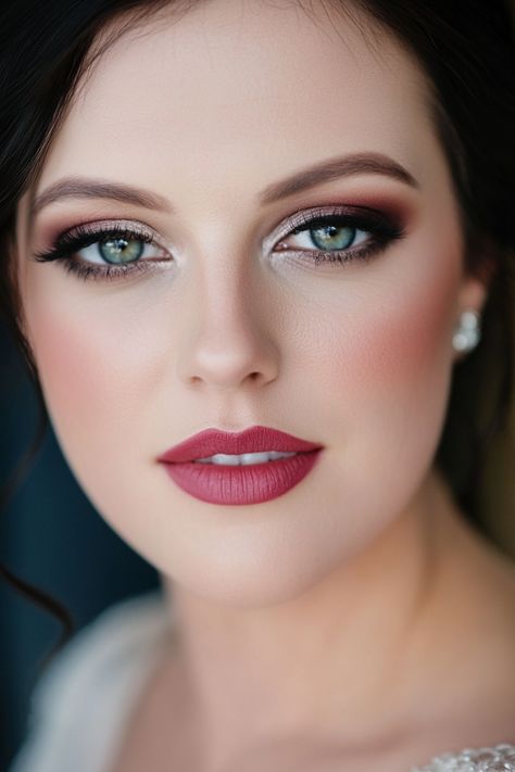 Woman with flawless makeup, defined eyebrows, and bold lipstick. Bride Makeup Dark Lips, Wedding Cat Eye Makeup, Elegant Wedding Makeup Green Eyes, Smokey Eye Wedding Makeup Blue Eyes, Bride Makeup With Glasses, Classy Smokey Eye Makeup, Wedding Makeup Styles Brides, Red Hair Wedding Makeup, Bride Makeup Smokey Eye