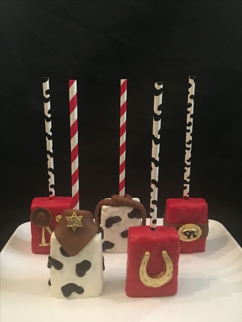 Rodeo Rice Krispies, First Rodeo Birthday Treats, Western Rice Krispie Treats, Cowboy Party Treats, Cowboy Theme Strawberries, Cowboy Rice Krispie Treats, Western Theme Dessert Table, Rodeo Candy Table, Cowboy Cakesicles