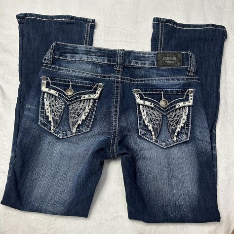 Zco jeans Y2k style with bling angel wings on the... - Depop Mcbling 2000s, 2000s Grunge, Nike Pro Shorts, Fits Clothes, 2000s Fashion Outfits, Jeans Y2k, Swaggy Outfits, Girly Stuff, 2000s Fashion