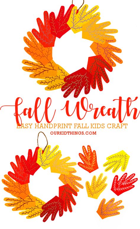 Handprint Fall Leaf Wreath Craft Handprint Leaf Wreath, Fall Handprint Wreath, Fall Leaf Wreath Crafts For Kids, Autumn Handprint Crafts, Hand Wreath Craft Kids, Harvest Crafts For Preschool, Leaf Wreath Craft For Kids, Crafts For Kids Autumn, Fall Wreath Craft