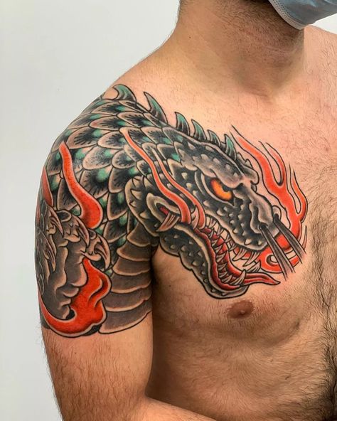 Japanese Monster Tattoo, Godzilla Tattoo Ideas, Traditional Dragon Chest Tattoo, Traditional Godzilla Tattoo, Japanese Tiger Tattoo Traditional, Japanese Tattoo Art Traditional Dragon, Monster Tattoos, Wolf Tattoo Traditional, Big Monsters