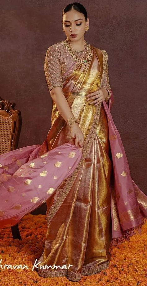 Golden Banarsi Saree, Rani Pink Pattu Saree, Bridal Tissue Silk Saree, Golden Silk Saree Bridal, Pink Kanchipuram Saree, Kanchipuram Saree Wedding, Draping Styles, Golden Saree, Banaras Sarees