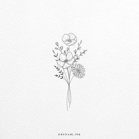 Leg Tattoos Aesthetic, Bunami Ink, Wild Flower Bouquet, Tiny Flower Tattoos, Tattoos Aesthetic, Tattoo Artist Tattoo, Bouquet Tattoo, Wildflower Tattoo, Poppies Tattoo