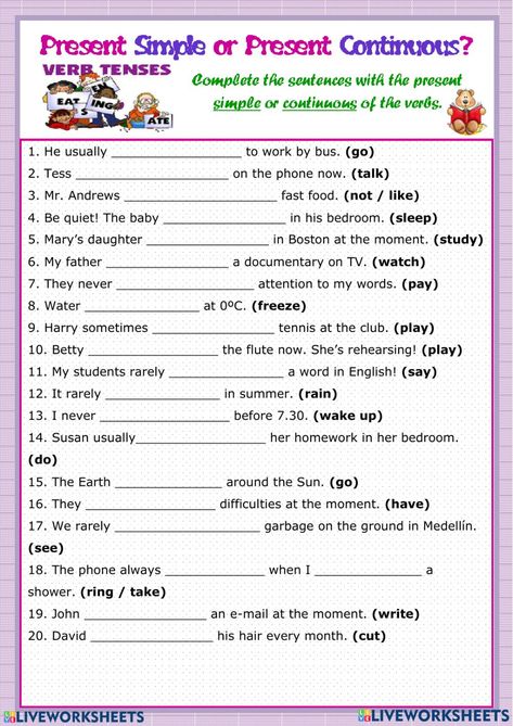 Simple present and present continues tense. online worksheet for 7. You can do the exercises online or download the worksheet as pdf. Present And Past Continuous Worksheets, Simple And Continuous Tenses Worksheet, Present Simple Vs Past Simple Worksheet, Present And Present Continuous Worksheet, Present Simple Vs Continuous Worksheets, Present Continues Tense, Present Simple And Continuous Worksheet, Simple Present And Present Continuous, Present Simple Vs Present Continuous