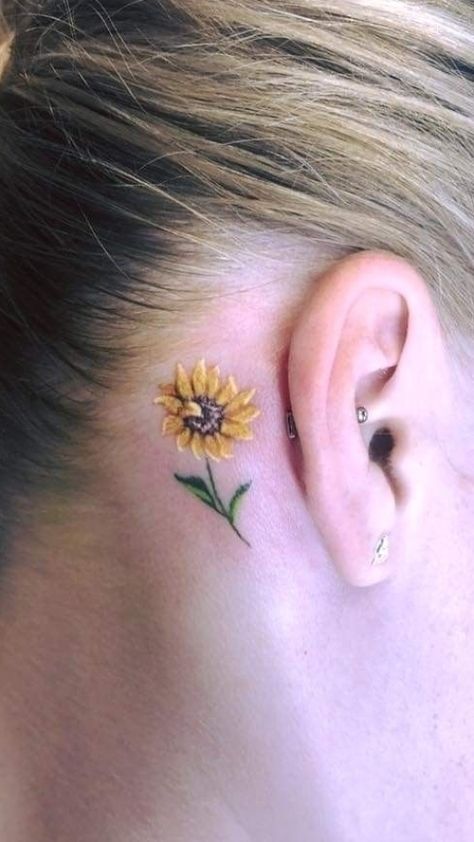 Sunflower Tattoo Ear, Behind The Ear Sunflower Tattoo, Sunflower Tattoo Behind The Ear, Sunflower Ear Tattoo, January Tatoos, Sunflower Behind Ear Tattoo, Sunflower Tattoo Behind Ear, Tattoo Behind The Ear, Sunflower Tattoo Ideas