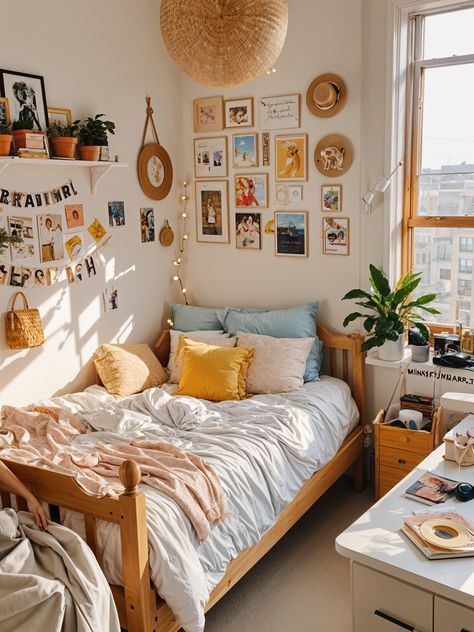 Room Bed Inspiration, Bedroom Decor With Windows, Room Decor Bedroom Yellow, Retrocore Room, Yellow Dorm Room Aesthetic, Nature Dorm Room Aesthetic, Fun College Dorm Room Ideas, Dorm Decor Ideas Wall Decorations, Yellow Wall Room Decor