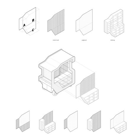 A Modular Cart for Street Vendors That Supports Urban Beautification - Core77 Urban Beautification, Vending Cart, Axonometric Drawing, Street Vendors, Furniture Rental, Street Vendor, Exhibition Display, Retail Experience, Street Furniture