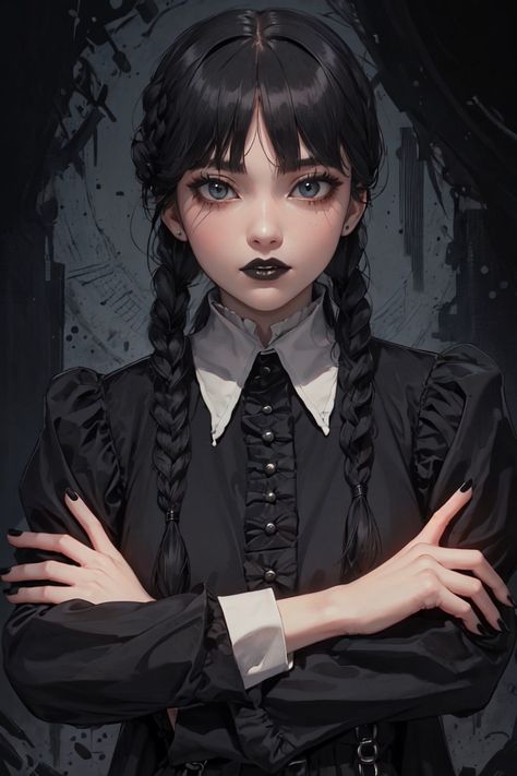 Wednesday Addams Character, Braids Bangs, Dark Skin Nail Polish, Bangs Long Hair, Art Wednesday, Lips Black, Twin Braids, Wednesday Adams, Adams Family