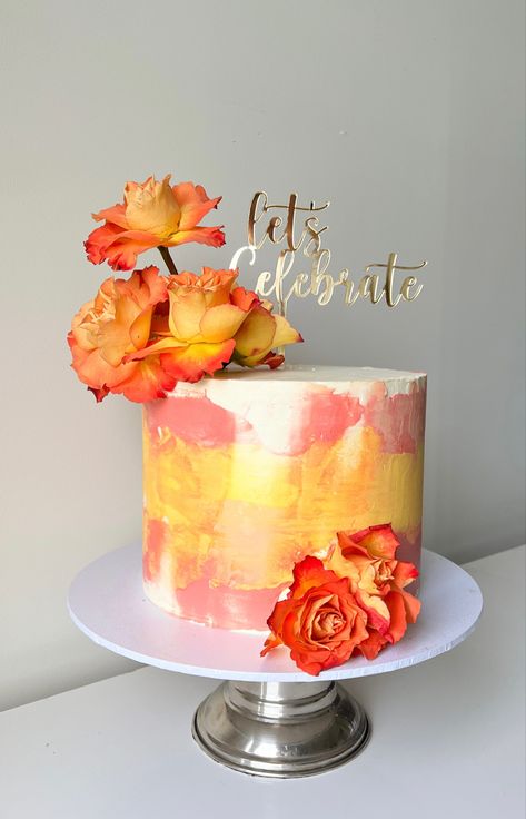 Colorful Birthday Cake For Women, Orange Birthday Cake For Women, Purple And Orange Cake, Sunset Cake Design, Orange Color Cake, Bright Birthday Cakes, Orange Birthday Cake, Orange Cakes, Fall Birthday Cakes