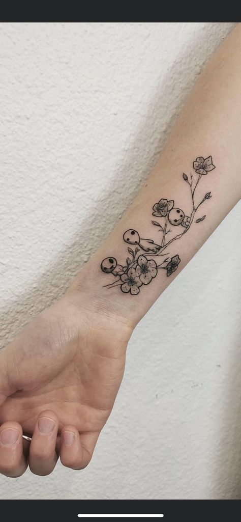 Studio Ghibli Art Tattoo, Minimal Ghibli Tattoo, Minimal Studio Ghibli Tattoo, Studio Ghibli Cherry Blossom, Floral Studio Ghibli Tattoos, Mary And The Witch's Flower Tattoo, Princess Mononoke Kodama Tattoo, Studio Ghibli Fine Line Tattoo, Studio Ghibli Tree Spirits Tattoo