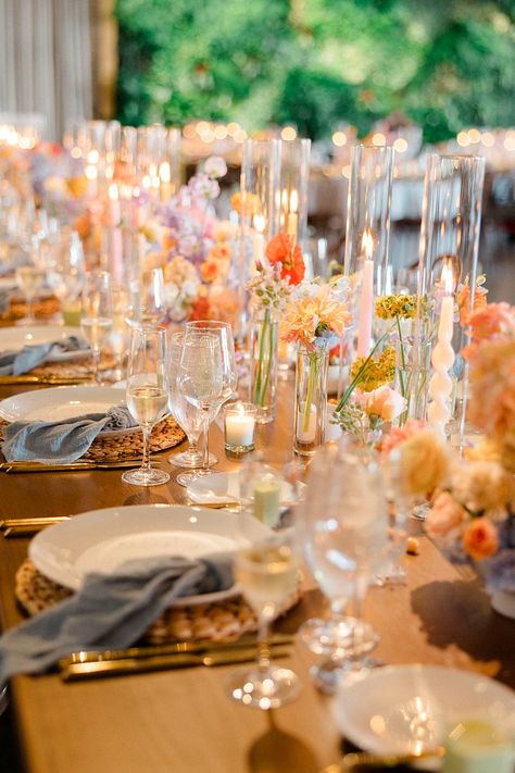 Whimsical Summer Wedding at The Mansion at Natirar | Maggie + Ty Dreamy Wedding Tablescape, Wedding Vibe Inspiration, Elegant Whimsical Wedding Decor, Wedding Small Vases Flowers, Chic Colorful Wedding, Whimsical Garden Wedding Florals, Wedding Table Photo Ideas, Garden Party Brunch Wedding, Whimsical Wedding Mood Board