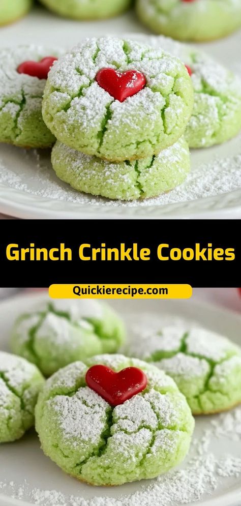 These soft and buttery Grinch Crinkle Cookies are a delightful treat that adds a fun, whimsical touch to your holiday dessert table. Rolled in sugar and adorned with a sweet red candy heart, these vibrant green cookies bring joy and a hint of mischief, inspired by the beloved holiday character. Ingredients • 2 ½ cups all-purpose flour. • 1 tablespoon baking powder. Unleash your inner holiday spirit with these Grinch Crinkle Cookies and spread joy with every delicious bite! Grinch Crinkle Cookies, Green Cookies, Christmas Baking Easy, Holiday Dessert Table, Grinch Cookies, Christmas Baking Cookies, Crinkle Cookies Recipe, Holiday Desserts Table, Crinkle Cookies