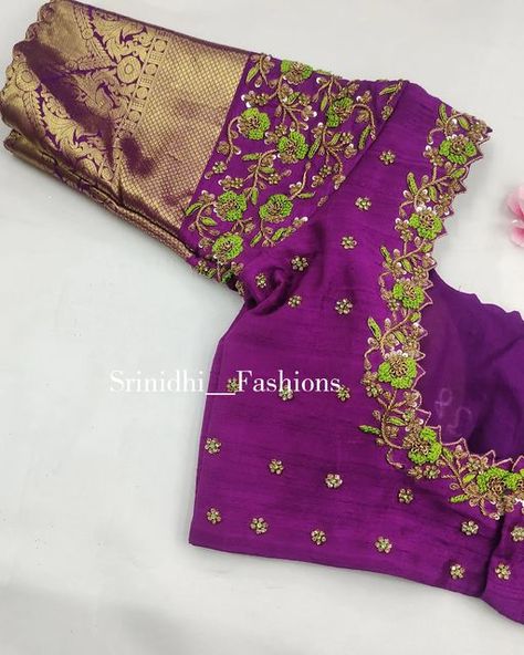 Trendy Maggam Work Blouses, Violet Blouse Maggam Work Designs, Maggam Work Blouse Designs Latest Simple Full Hands, Pattu Saree Maggam Work Designs, Full Maggam Work Blouse Designs, Maggam Cutwork Blouse Designs, Maggam Designs For Blouses, Maggam Work Designs Simple, Simple Blouse Designs For Saree Silk