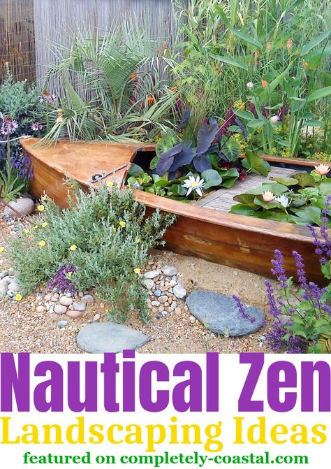 Create a sea inspired garden with these coastal and nautical landscaping ideas that are all about zen. Featured on Completely Coastal. Lakehouse Garden Ideas, Nautical Yard Landscaping, Beach Style Garden Ideas, Nautical Landscaping Ideas Yards, Seaside Themed Garden, Coastal House Landscaping, Beach Theme Landscape Ideas, Nautical Landscaping Ideas, Shell Garden Landscaping