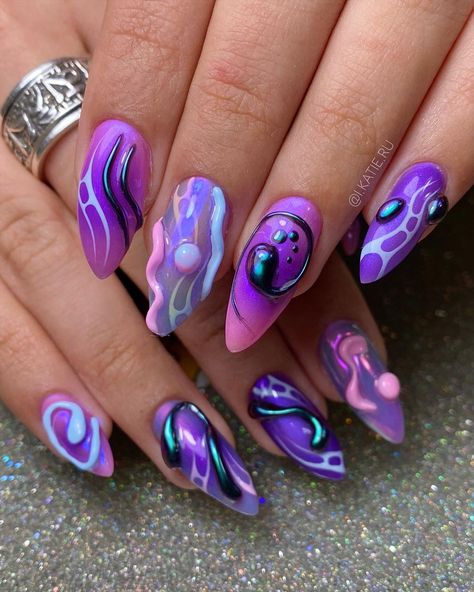 Summer Nail Square, Nail Trends For 2023, Nail Square, Alien Nails, Crazy Nail Designs, Crazy Nail Art, Purple Nail Art, Punk Nails, Fall Nail Trends