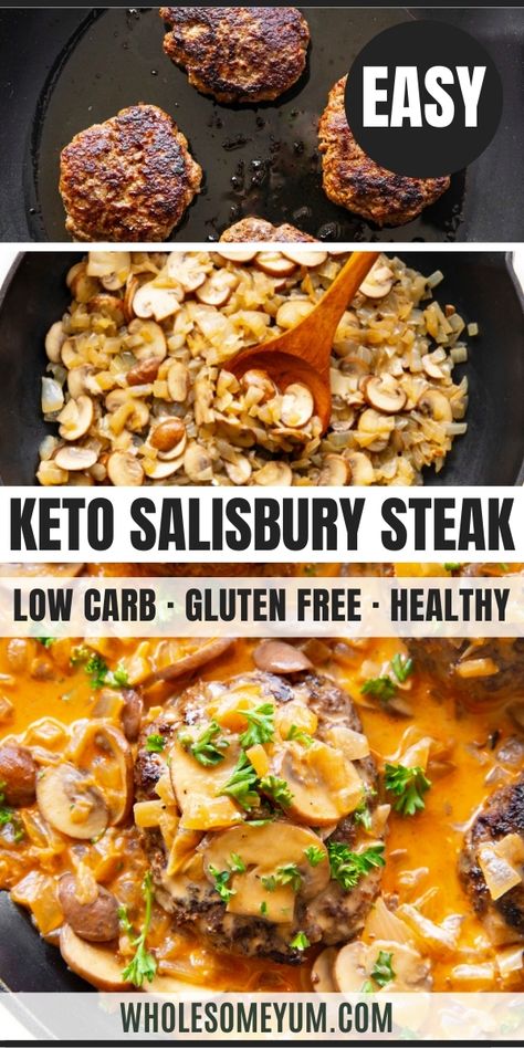 Keto Salisbury Steak Recipe Healthy Salsberry Steak Recipe, Keto Salsberry Steak Recipes Easy, Chopped Sirloin Patties Recipe, Healthy Salisbury Steak, Keto Salisbury Steak Recipe, Keto Salisbury Steak, Hamburger Dinners, Low Carb Easy Recipes, Salisbury Steak Recipe