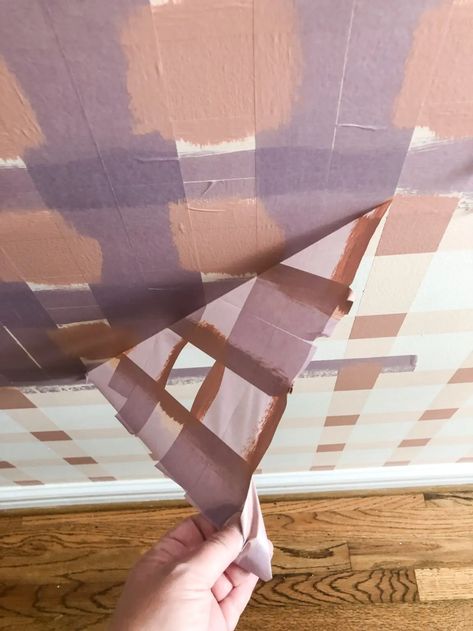 Painting Plaid Pattern, Plaid Wallpaper Accent Wall, Painted Gingham Wall, Painting Pattern On Wall, Plaid Walls Painted, Paint Plaid Pattern How To, Diy Stripes On Wall, Diy Plaid Painted Wall, Painting Plaid Walls