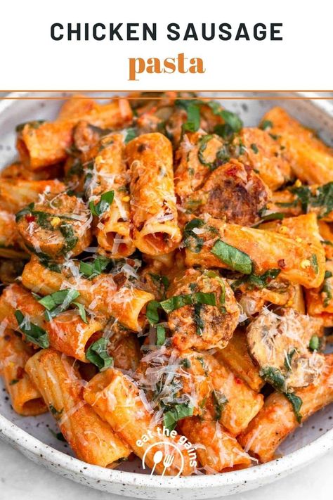 Chicken sausage pasta made with your favorite chicken sausage, pasta, spinach, mushrooms, sauce, and creamy goat cheese. Ready in 25 minutes for easy & healthy comfort food everyone will love! Chicken Sausage Pasta Recipes, Ground Chicken Sausage, Chicken Sausage Recipes Pasta, Chicken Sausage Recipes, Chicken Sausage Pasta, Sausage Dinner, Sausage Pasta Recipes, Italian Chicken Sausage, Cheesy Chicken Broccoli