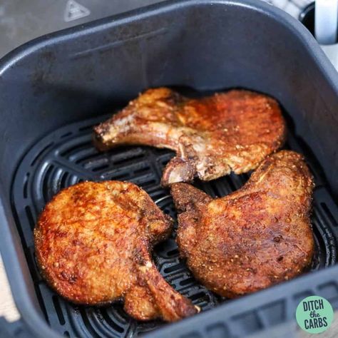 The only guide you'll ever need to learn how to cook any pork chop in an air fryer! #ketoporkchops #airfryer #ditchthecarbs How Long To Air Fry Bone In Pork Chops, Air Fryer Grilled Pork Chops, Pork Shop In Air Fryer, How To Cook Pork Chops In Air Fryer, Pork Chops In The Airfryer, Pork Chops In Airfryer, How Long To Air Fry Pork Chops, Pork Hops In Airfryer, Air Frying Pork Chops