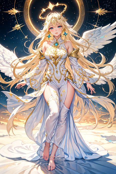 "Discover a realm where elegance meets the divine. This digital painting captures a serene angel in a mesmerizing dance with the sky. Her white and gold attire, intricate patterns, and celestial wings promise a journey of purity, magic, and ethereal beauty. Let her light guide you through the stars." Female Divine, Angel Female, Space Angel, Star Wings, Ethereal Angel, Digital Art Inspiration, Space Angels, Guardian Angel Pictures, Enchanted Characters