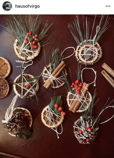 Handmade Yule Ornaments, Yule Witches Balls, Pagan Ornaments Diy, Witchy Christmas Tree Ornaments, Yule Wands Diy, Witchy Christmas Tree Decorations, Yule Diy Crafts, Yule Mantle Decor, Pagan Yule Ornaments