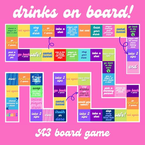 Upgrade your games or drinking night with a board game!  Drinks on board is ready made for you to play with friends, with secret tunnels and fun games to play! Use dice to roll and take it in turns to have a go! If you don't have a dice, you can find an online dice.  You will need placeholders - a good suggestion is shot glasses but if you don't have enough use title monopoly figures or coins! The Digital Download is the board on a A3 pdf. This is perfect for printing at home.  If you would like Drinking Game Printable, Drinking Night, Drunk Games, Drinking Board Games, Homemade Board Games, Alcohol Games, Fun Games To Play, Diy Party Games, Bored Games