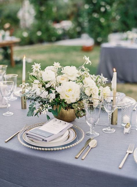 Sophisticated Gray and Gold Tablescapes - Dining / Hosting - Wedding Decor - Flowers - Lighting Gray And Gold Wedding, Grey And Gold Wedding, Wedding Color Trends, Blue Wedding Flowers, Gray Wedding, Wedding Tablescape, Wedding Color Inspiration, Grey Wedding, Gray Weddings