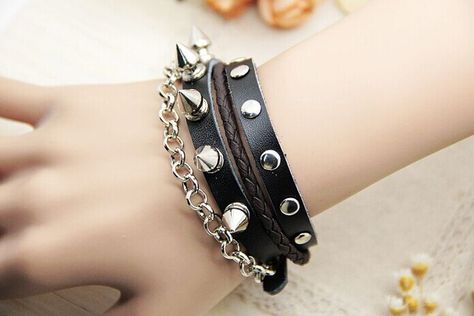 Punk Style Rivet and Chain Design Men's Multi-Layered Faux Leather Bracelet Color: BLACK Category: Jewelry > Bracelets   Item Type: Wrap Bracelet  Gender: For Men  Chain Type: Leather Chain  Material: Leather  Style: Punk  Shape/Pattern: Others  #leatherwrapbracelet #leatherbracelet #wrapbracelet #womenbracelet #bridgat.com Bracelets Grunge, Punk Bracelets, Men Chain, Faux Leather Bracelets, Grunge Jewelry, Skull Bracelet, Style Punk, Grunge Punk, Chain Design