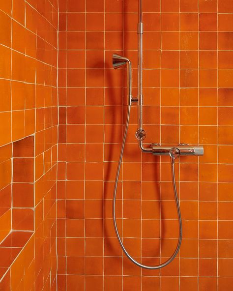 Gallery with Zellige decors and projects | Mosaic Factory Orange Tile Kitchen, Bold Bathroom, Shower Area, Orange Tiles, Zellige Tiles, Orange Bathrooms, Tiles Direct, Tile Showroom, Encaustic Cement Tile