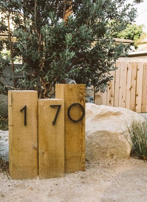 House Number In Garden, Cottage House Number Ideas, House Numbers On Post, House Number Post Ideas, Large House Number Ideas, Driveway House Number Ideas, Number On House Ideas, Wooden House Signs Outdoor, Yard House Number Ideas