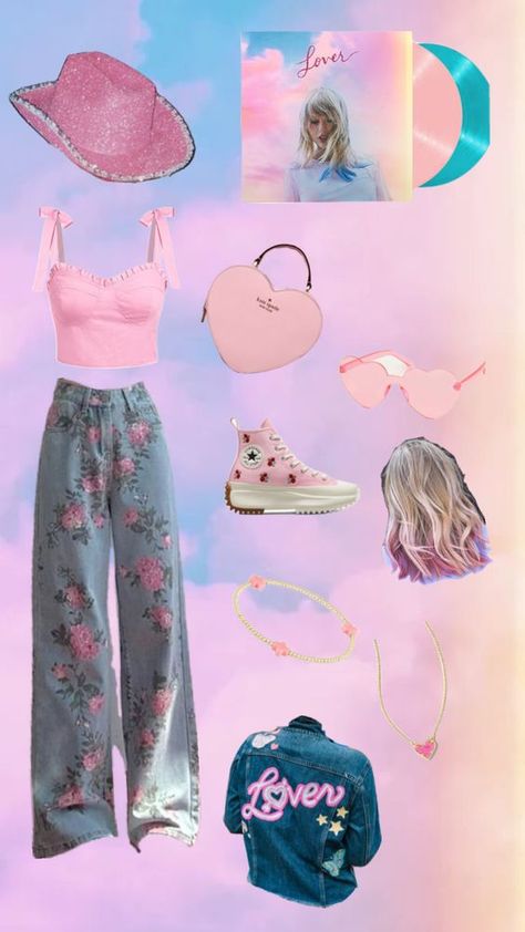 #loveralbum #taylorswift #taylorswiftoutfits #taylorswiftoutfit Taylor Swift Aesthetic Outfits Lover, Taylor Swift Costume Ideas Lover, Taylor Lover Era Outfits, Taylor Swift Album Outfits, Lover Outfit Taylor Swift, Taylor Swift Lover Era Outfits, Ears Tour, Eras Concert, Taylor Concert