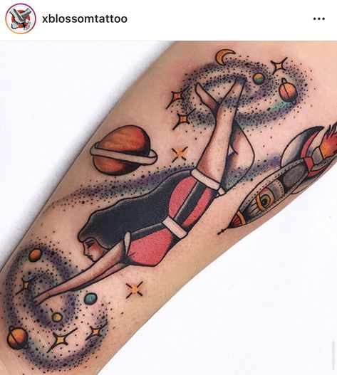 Space Babe Tattoo, American Traditional Planet Tattoo, Traditional Tattoos Space, Traditional Saturn Tattoo, Space Lady Tattoo, American Traditional Tattoos Space, Traditional Planet Tattoo, Traditional Space Tattoo, American Traditional Moon Tattoo