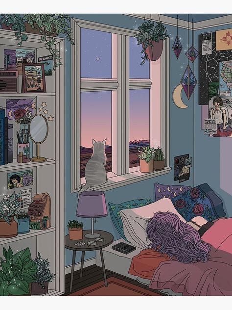 "Early Morning" Poster by kelseydraws | Redbubble Walpapers Cute, Bedroom Drawing, Illustration Wall Art, Art And Illustration, Dreamy Art, 영감을 주는 캐릭터, Anime Scenery Wallpaper, Arctic Monkeys, Drawing Tips