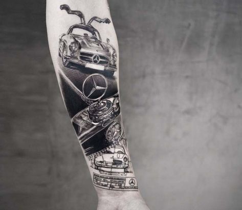 Mercedes Benz tattoo by Niki Norberg Mercedes Benz Tattoo, Upper Half Sleeve Tattoos For Guys, Car Tattoos For Guys, Benz Tattoo, Meaningful Tattoos For Men, Small Shoulder Tattoos, Car Tattoos, Cool Tattoos For Guys, World Tattoo