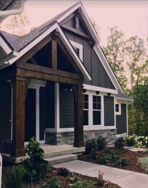 Dark Gray House Exterior, Gray House Exterior, Lake Houses Exterior, House Paint Color Combination, Porch Remodel, Gray House, Dark House, Grey Houses, Exterior Paint Colors For House