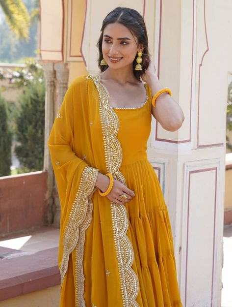 Just In: 60% off! Introducing our Exclusive Deep Yellow Georgette Women's Designer Anarkali Gown with Dupatta! This stunning Anarkali gown is perfect for Parties, Weddings, Receptions, and Dinners. Dress Size: Customizable Embellishments: Sequined Dupatta Color: Deep Yellow Fabric: Georgette Dupatta: Included Hurry, this offer is available for a limited time only! Don't miss out on this fabulous deal! #NewArrival #AnarkaliGown #YellowGown #FabanzaFashionUK #FabanzaFashion Anarkali Gown With Dupatta, Palkhi Fashion, Ethenic Wear, Yellow Anarkali, Gown With Dupatta, Yellow Gown, Weddings Receptions, Georgette Dupatta, Deep Yellow