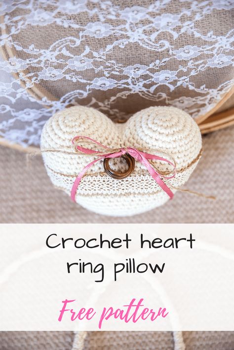 Crochet heart free pattern | wedding ring pillow Crochet Ring Pillow, Free Heart Crochet Pattern, Crochet Wedding Gift, Wedding Crochet Patterns, Wedding Crochet, Crochet Ring, Cushion Cover Pattern, Finger Crochet, Crochet Rings