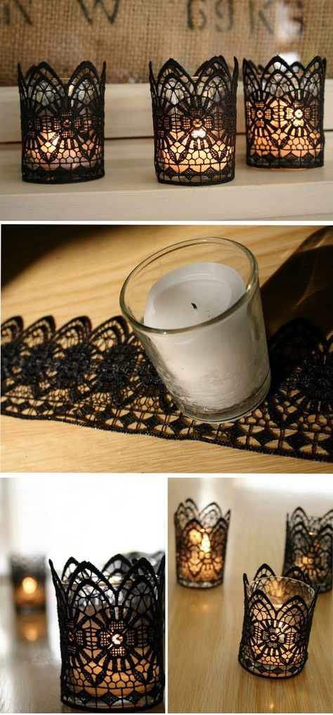 black lace DIY candle holder decoration ideas Black Lace Candles, Lace Candles, Halloween Decor Diy, Creative Candles, Wedding Centerpieces Diy, Halloween Wedding, Diy Wedding Decorations, Diy Creative, Diy Candles