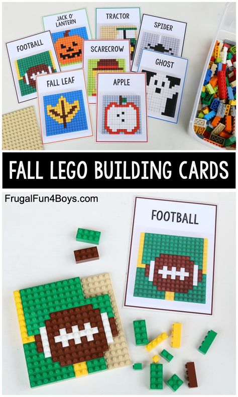 So many fun LEGO building ideas for fall! Print 8 fall LEGO patterns to build. Lego Building Cards, Lego Mosaic, Lego Challenge, Lego Education, Lego Wall, Lego Club, Lego Activities, Kids Print, Lego Minecraft