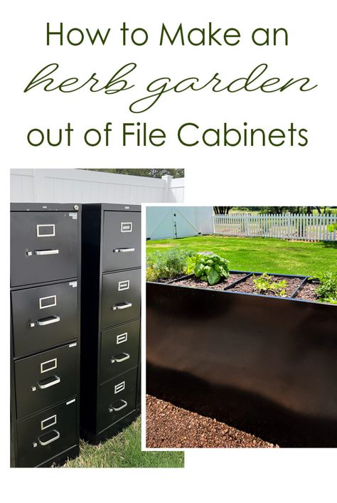 How to Make an Herb Garden using old File Cabinets ⋆ The Old Barn File Cabinet To Planter, Filing Cabinet Raised Bed, Repurposed Raised Garden Beds Upcycling, Filing Cabinet Planters, File Cabinet Raised Garden, Front Yard Herb Garden Ideas, Repurposed File Cabinet Planters, Metal File Cabinet Planter, Herbs Planter Ideas