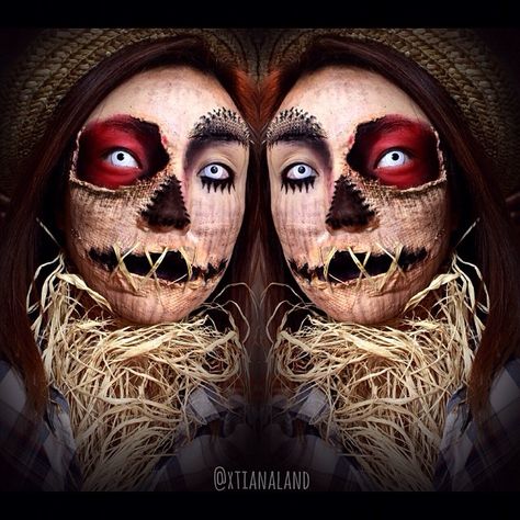 A really awesome and professional looking scarecrow SFX makeeup/costume idea/ Goes great with all-whie zombie styled contacts => http://www.pinterest.com/pin/350717889705763104/ Scarecrow Makeup Halloween, Haunt Makeup, Scarecrow Halloween Makeup, Crow Halloween, Makeup Zombie, Scarecrow Makeup, Spfx Makeup, Scarecrow Face, Holloween Makeup