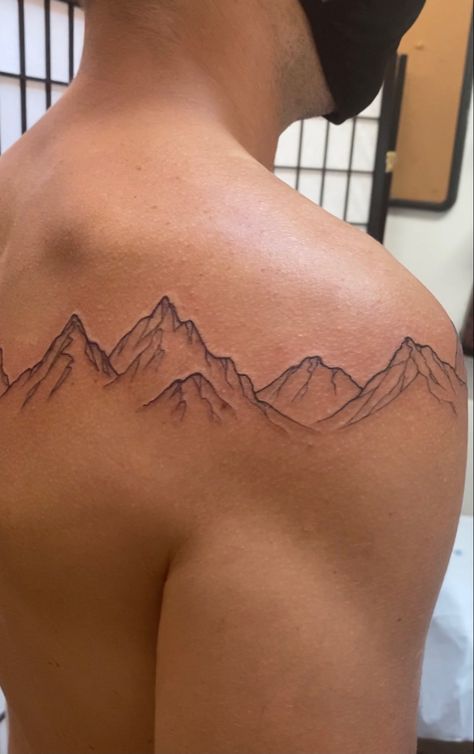 Mountain Range Band Tattoo, Wrap Around Landscape Tattoo, Mountains Shoulder Tattoo, Mountain Sky Tattoo, Mountain Range Tattoo Men, Sierra Mountains Tattoo, Mountain Range Spine Tattoo, Male Nature Tattoo, 5280 Tattoo Colorado