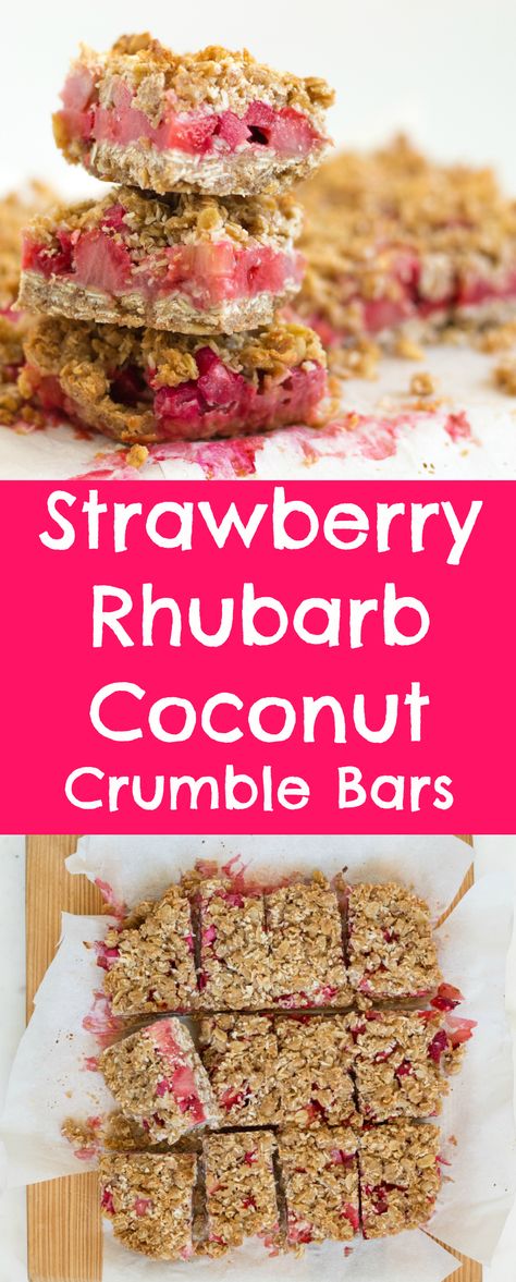 Strawberry Rhubarb Coconut Crumble Bars - Lauren Sharifi Nutrition Peach Blueberry Crisp, Strawberry Rhubarb Sauce, Rhubarb Cookies, Healthy Dessert Recipes Easy, Toasted Oats, Strawberry Season, Crumble Bars, Healthy Sweet Treats, Low Calorie Desserts