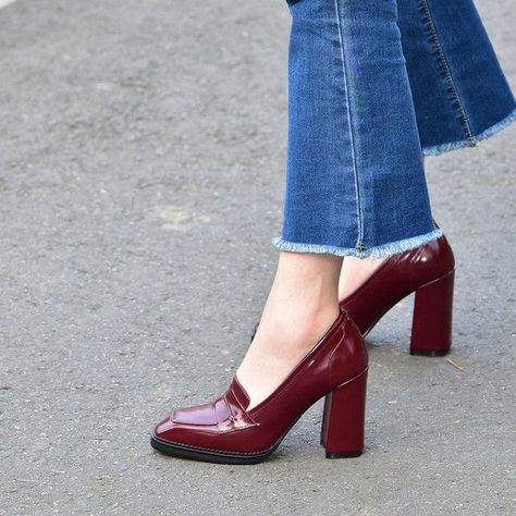 High Heel Loafers Outfit, Wine Red Heels, Wine Heels, High Heel Loafers, Loafer Heels, Shoes Heels Classy, Chunky Loafers, Heels Classy, Fancy Shoes